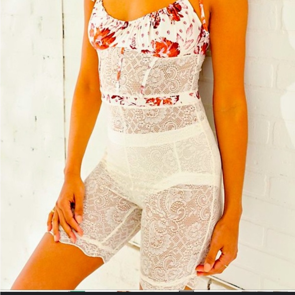 Free People White Lace Bodysuit Romper with Floral Bust